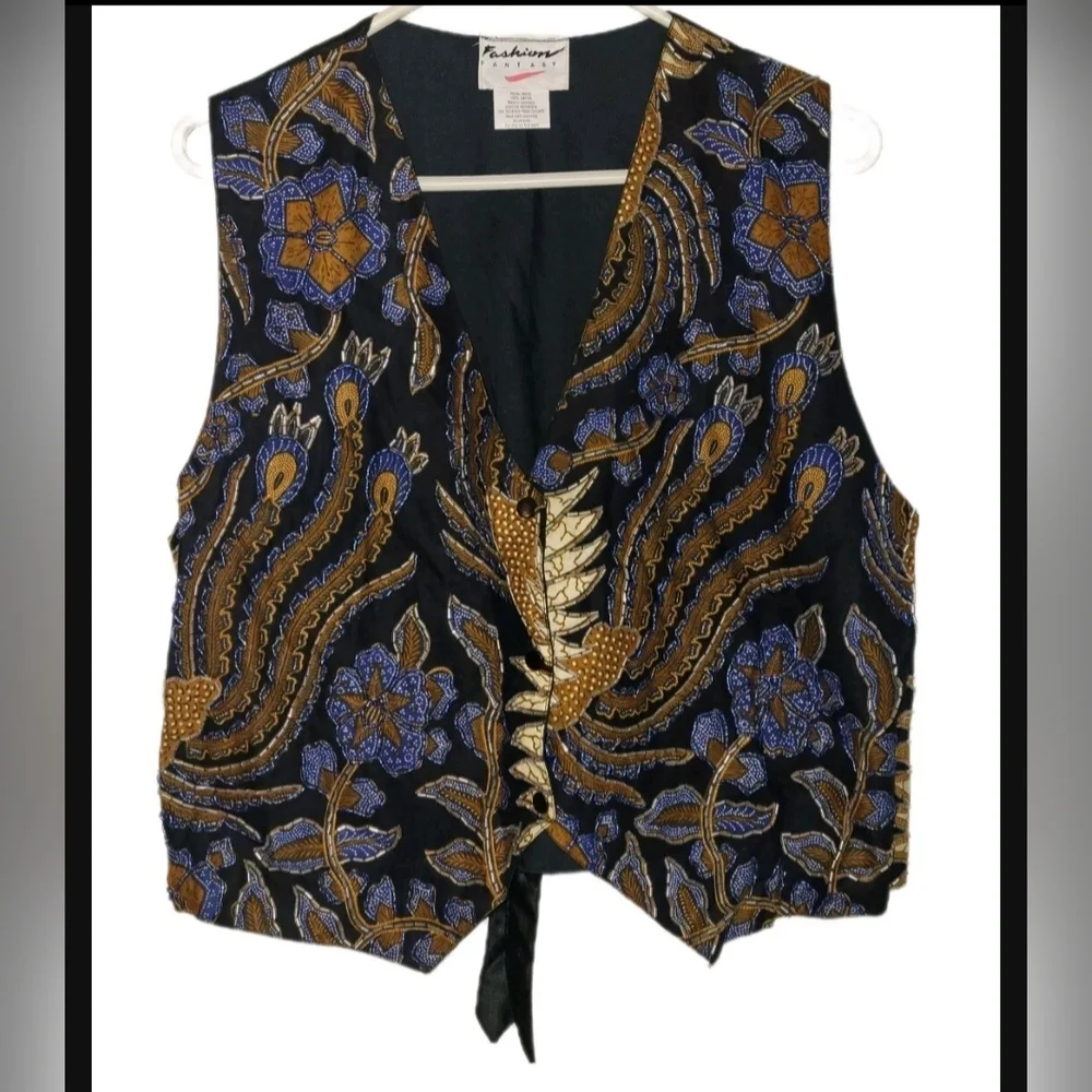 Vintage Fashion Fantasy 2 Piece Sparkling Floral Beaded Set Sz Sm/M Jacket Vest